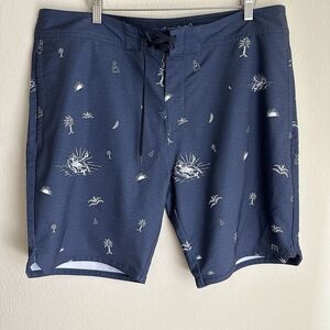 Travis Mathew Board Shorts Mens 38x9 Navy Blue Escondido Print Hybrid Beach Surf
